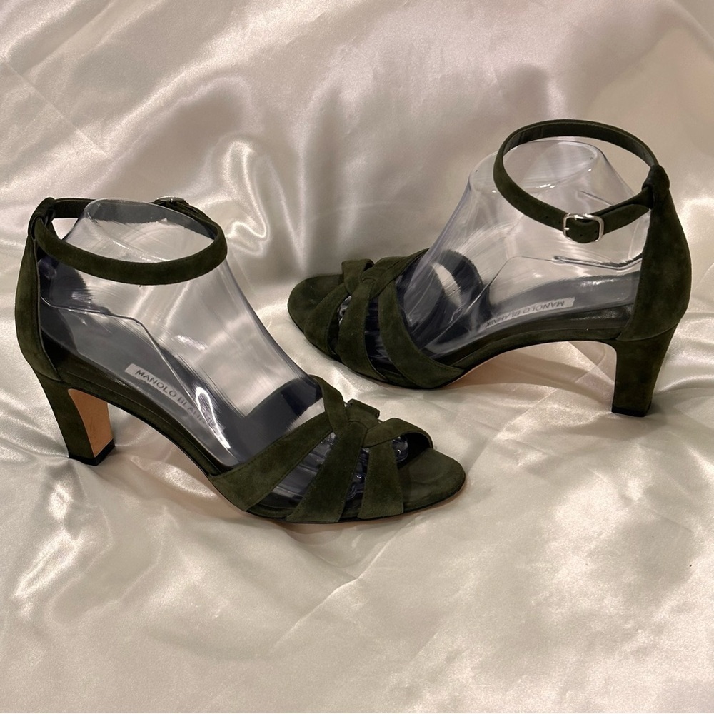 Manolo Blahnik Olive Green Suede Strappy Ankle‑Tie Heels - Picture 5 of 15